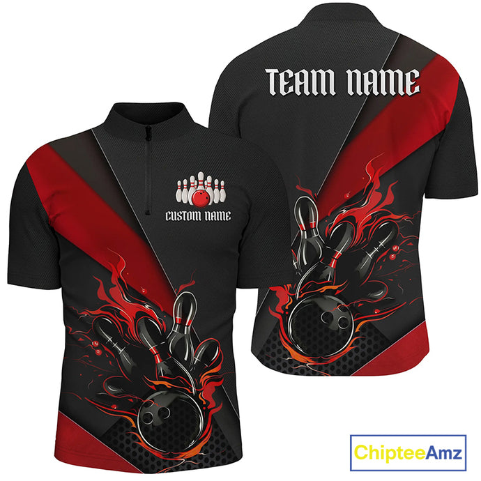 Black And Red Custom Name Bowling Tournament Jerseys For Men And Women, Bowling Team Shirts IPHW6185