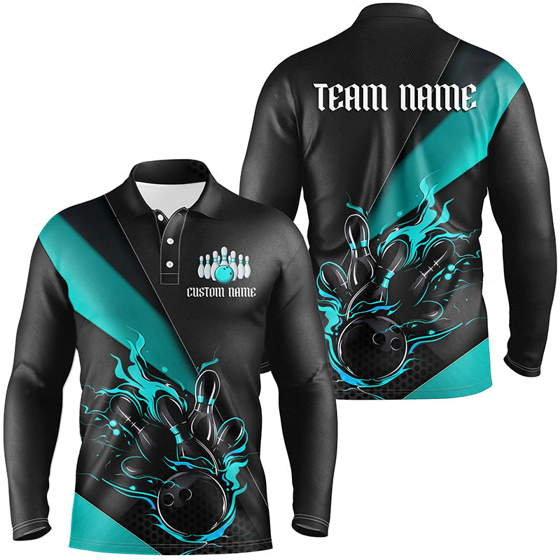 Blue And Black Custom Flame Bowling Shirt For Men, Long Sleeve Bowling Team Shirts With Name IPHW6186