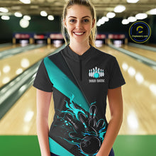 Load image into Gallery viewer, Black And Blue Custom Name Bowling Tournament Jerseys For Women, Bowling Team Shirts IPHW6186