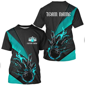 Blue And Black Flame Bowling T Shirts For Men And Women, Custom Bowling Uniforms For Bowling Team Outfit Bowling IPHW6186