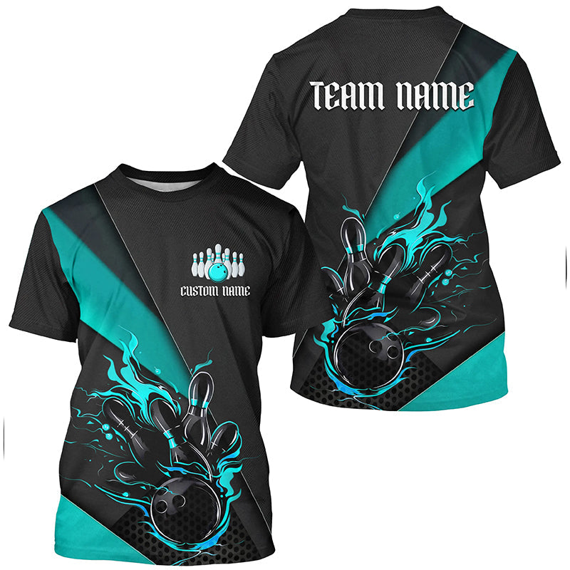 Blue And Black Flame Bowling T Shirts For Men And Women, Custom Bowling Uniforms For Bowling Team Outfit Bowling IPHW6186