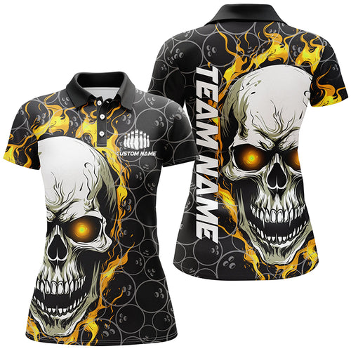 Custom Flaming Skull Team Bowling Shirts For Women, Halloween Bowling Jerseys | Yellow IPHW5148