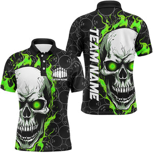 Custom Flaming Skull Team Bowling Shirts For Men, Halloween Bowling Jerseys | Green IPHW5149