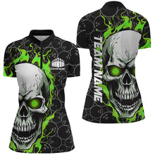 Load image into Gallery viewer, Custom Flaming Skull Team Bowling Shirts For Women, Halloween Bowling Jerseys | Green IPHW5149