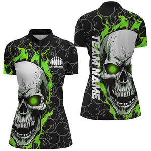 Custom Flaming Skull Team Bowling Shirts For Women, Halloween Bowling Jerseys | Green IPHW5149