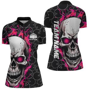 Custom Flaming Skull Team Bowling Shirts For Women, Halloween Bowling Jerseys | Pink IPHW5150