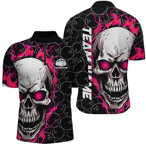 Custom Flaming Skull Team Bowling Shirts For Men, Halloween Bowling Jerseys | Pink IPHW5150