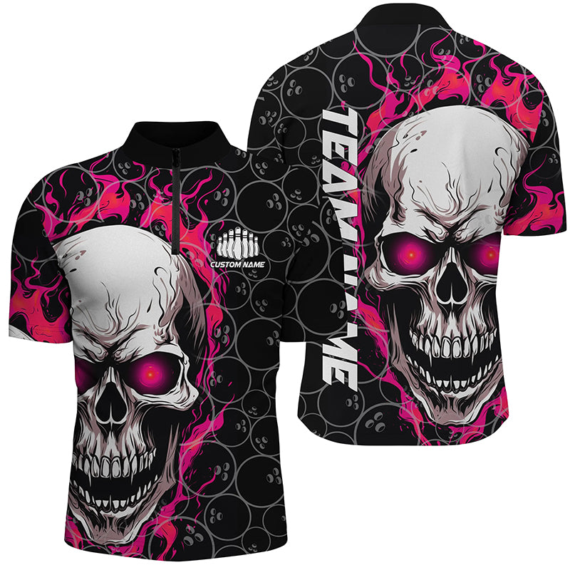 Custom Flaming Skull Team Bowling Shirts For Men, Halloween Bowling Jerseys | Pink IPHW5150