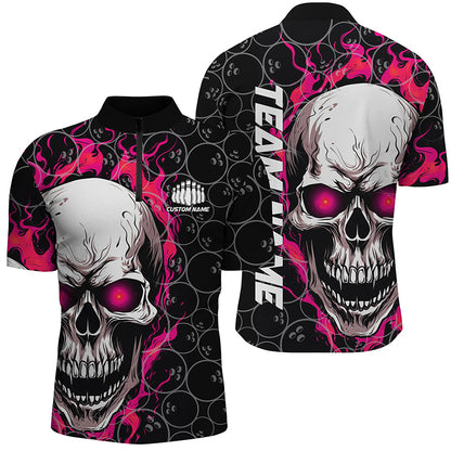 Custom Skull Bowling Quarter-Zip Shirt For Men,Flame Bowler Jerseys  5008IPHW