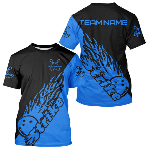 Custom Black And Blue Flame Bowling Strike T-Shirts For Men, Bowling Team IPHW5167
