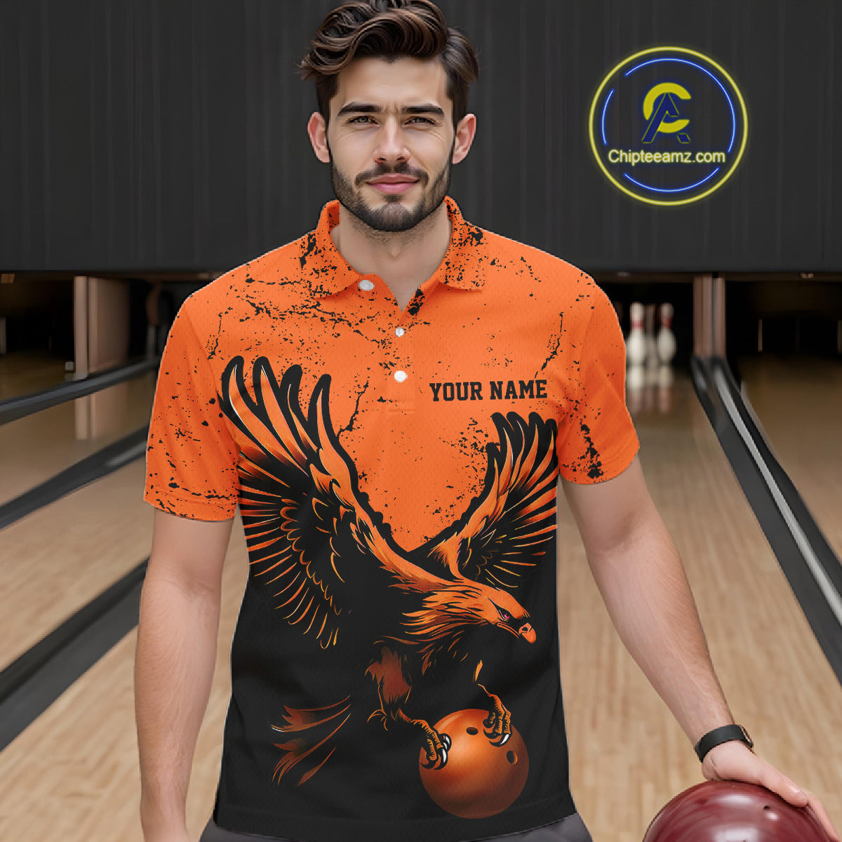 Custom Orange Eagle Men Bowling Polo Shirts Grunge Vintage Bowling Team Jerseys Bowlers Outfits IPHW5343