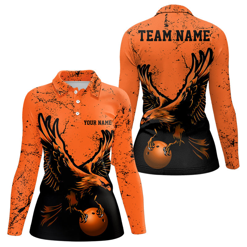 Custom Orange Eagle Women Bowling Long Sleeve Polo Shirt Grunge Vintage Bowling Team Jersey IPHW5343