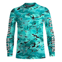 Load image into Gallery viewer, Turquoise Blue Camo Custom Long Sleeve Performance Fishing Shirts, Blue Camouflage Fishing Jerseys IPHW5970