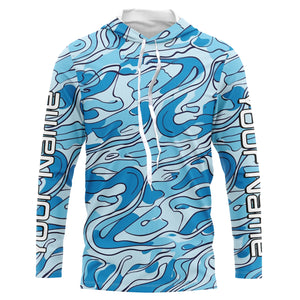 Turquoise Blue Camo Custom Long Sleeve Performance Fishing Shirts, Blue Camouflage Fishing Jerseys IPHW5972