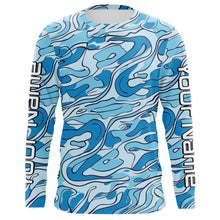 Load image into Gallery viewer, Turquoise Blue Camo Custom Long Sleeve Performance Fishing Shirts, Blue Camouflage Fishing Jerseys IPHW5972