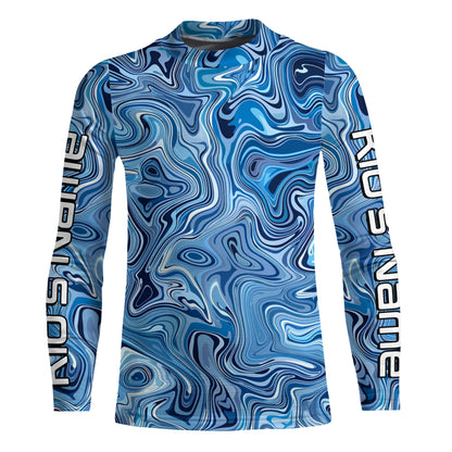 Turquoise Blue Camo Custom Long Sleeve Performance Fishing Shirts, Blue Camouflage Fishing Jerseys IPHW5974