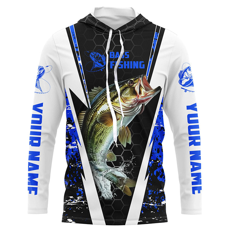 Personalized Bass Fishing Sport Jerseys, Bass Fishing Long Sleeve Tournament Shirts | Blue Camo IPHW4404