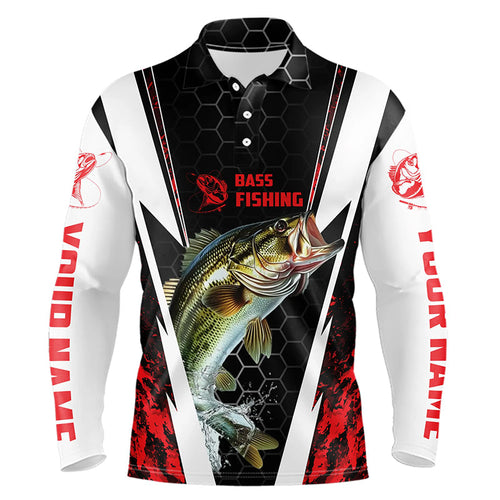 Personalized Bass Fishing Sport Jerseys, Bass Fishing Long Sleeve Polo Tournament Shirts | Red Camo IPHW4405