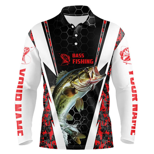 Personalized Bass Fishing Sport Jerseys, Bass Fishing Long Sleeve Polo Tournament Shirts | Red Camo IPHW4407