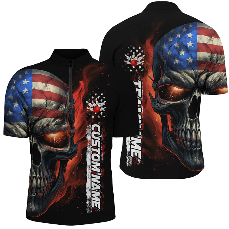 Flame Skull American Flag Custom Team Bowling Shirts For Men, Patriotic Bowling Shirt Jerseys IPHW5176