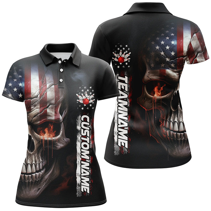 Flame Skull American Flag Custom Women's Team Bowling Shirts, Patriotic Bowling Shirt  IPHW5178