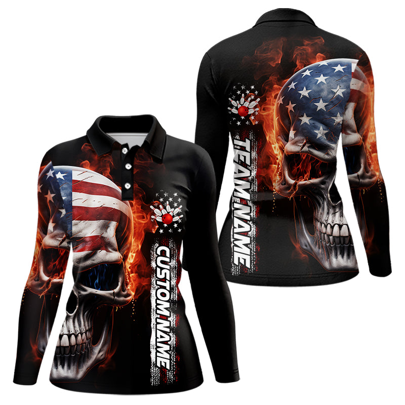 Flame Skull American Flag Custom Team Bowling Women Long Sleeve Polo Shirt, Patriotic Bowling IPHW5179