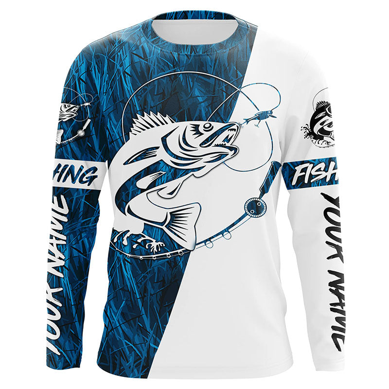 Walleye Fishing teal blue camo Custom Long Sleeve Fishing Shirts, Wall –  ChipteeAmz