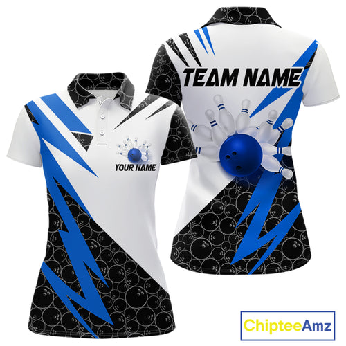Black and White Bowling Polo, Quarter Zip Shirt for Women Custom Lightning Team bowling jerseys | Blue NQS9837