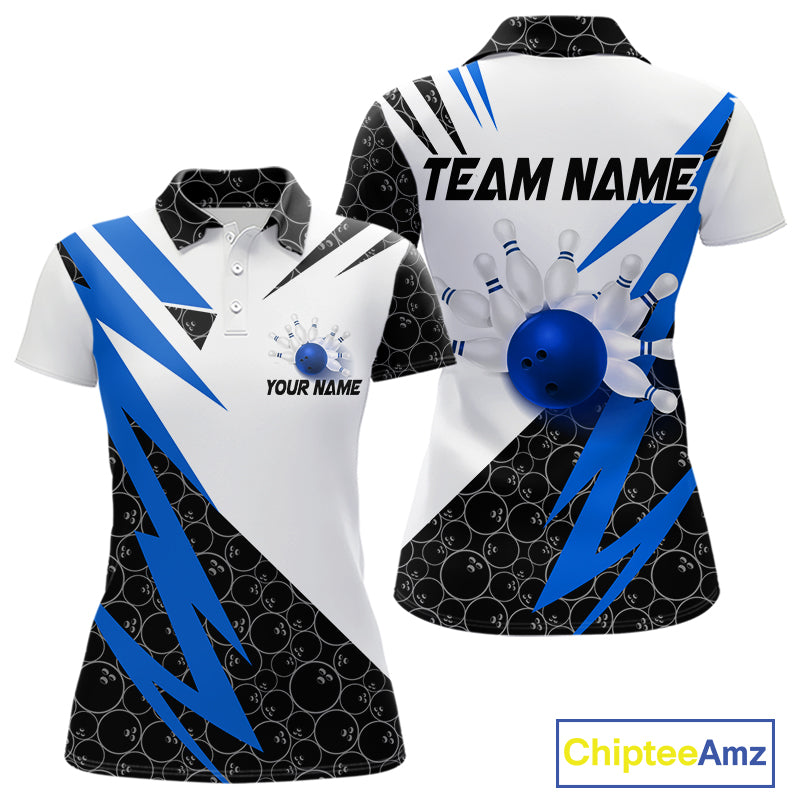Black and White Bowling Polo, Quarter Zip Shirt for Women Custom Lightning Team bowling jerseys | Blue NQS9837