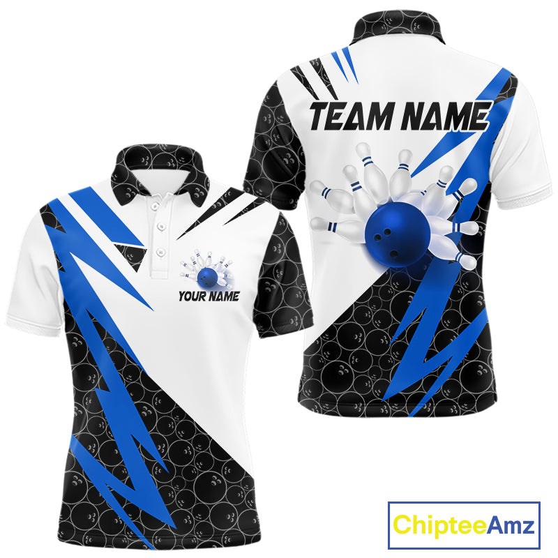 Black and White Bowling Polo, Quarter Zip Shirt for Men Custom Lightning Team bowling jerseys | Blue NQS9837