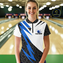 Load image into Gallery viewer, Black and White Bowling Polo, Quarter Zip Shirt for Women Custom Lightning Team bowling jerseys | Blue NQS9837