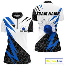 Load image into Gallery viewer, Black and White Bowling Polo, Quarter Zip Shirt for Women Custom Lightning Team bowling jerseys | Blue NQS9837