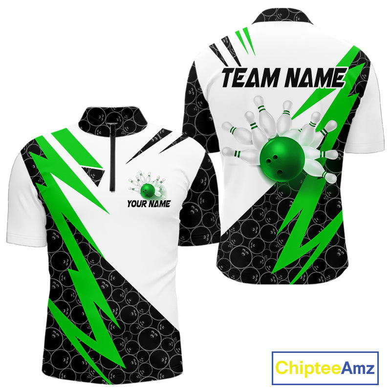 Black and White Bowling Polo, Quarter Zip Shirt for Men Custom Lightning Team bowling jerseys | Green NQS9838