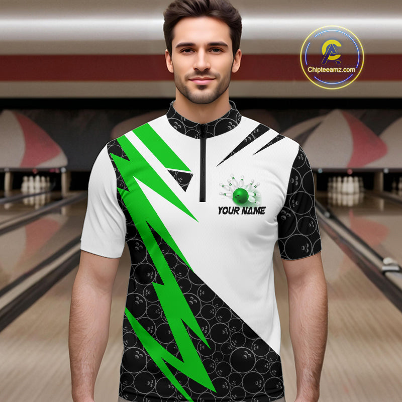 Black and White Bowling Polo, Quarter Zip Shirt for Men Custom Lightning Team bowling jerseys | Green NQS9838