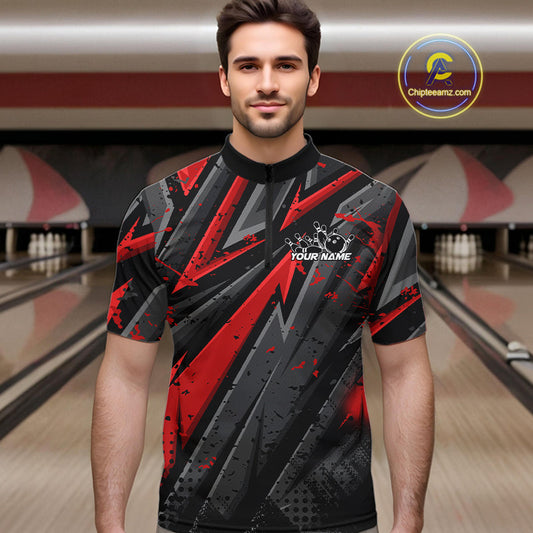 Custom Grunge Black And Red Cobra Snake Bowling Men Quarter-Zip Shirts With Team Name For Bowlers IPHW9027