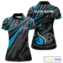 Load image into Gallery viewer, Custom Grunge Black And Blue Cobra Snake Bowling Women Polo Shirts With Team Name IPHW9029