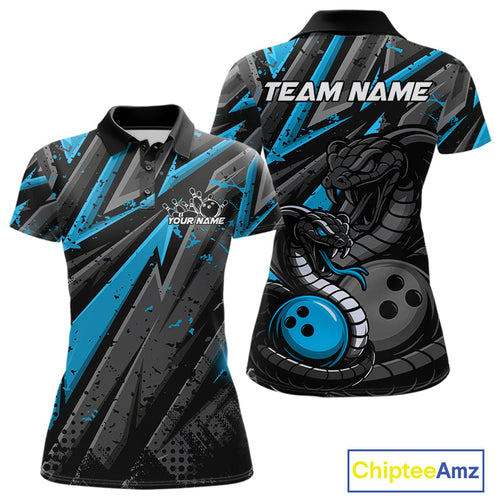 Custom Grunge Black And Blue Cobra Snake Bowling Women Polo Shirts With Team Name IPHW9029