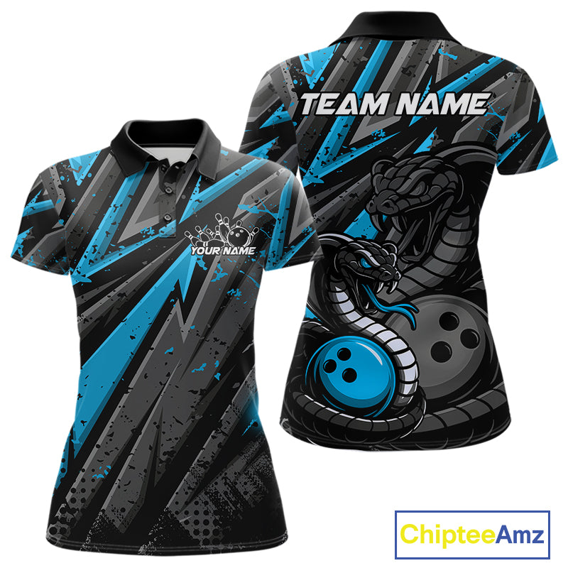 Custom Grunge Black And Blue Cobra Snake Bowling Women Polo Shirts With Team Name IPHW9029