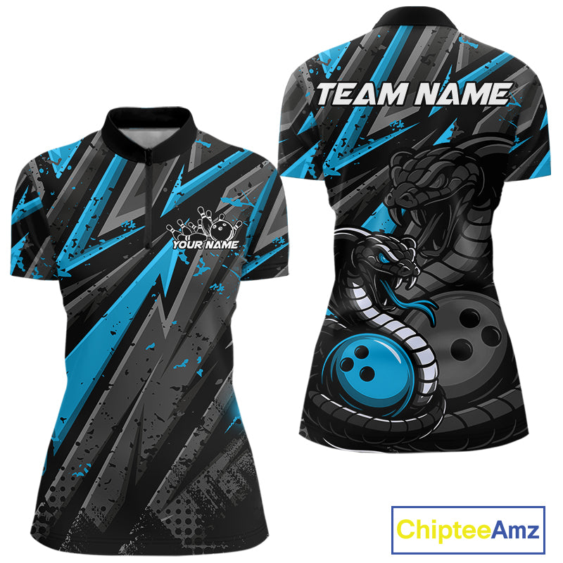 Custom Grunge Black And Blue Cobra Snake Bowling Women Quarter-Zip Shirts With Team Name IPHW9029