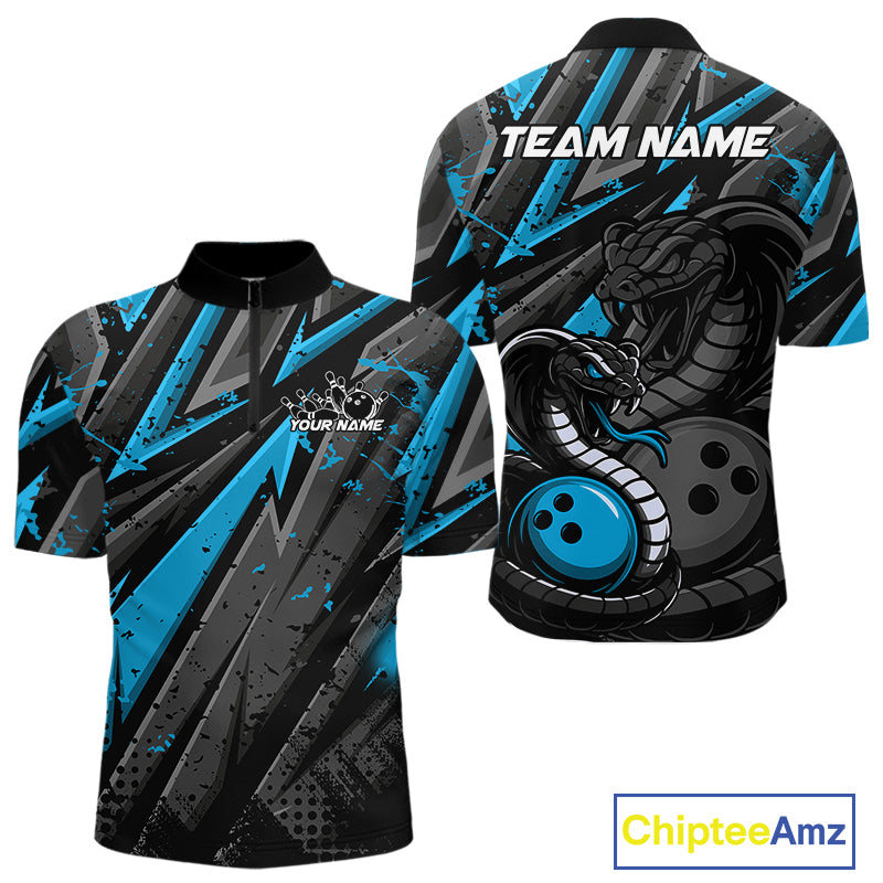 Custom Grunge Black And Blue Cobra Snake Bowling Men Quarter-Zip Shirt With Team Name For Bowlers IPHW9029