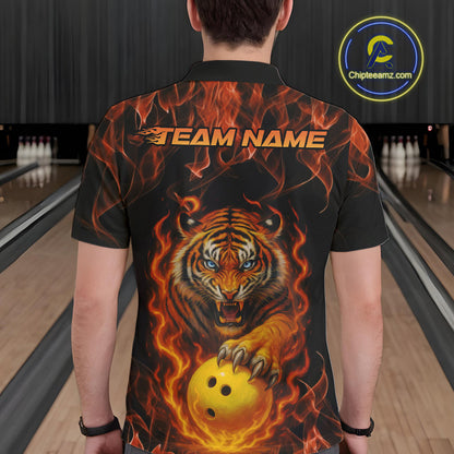Custom Fire Flame Tiger Bowling Team Polo Shirts For Men, Tournament Bowling Outfit IPHW9037