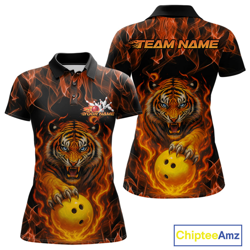 Custom Fire Flame Tiger Bowling Team Polo Shirts For Women, Tournament Bowling Outfit IPHW9037