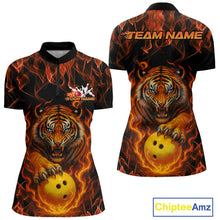 Load image into Gallery viewer, Custom Fire Flame Tiger Bowling Team Women Quarter-Zip Shirt, Tournament Bowling Outfit IPHW9037