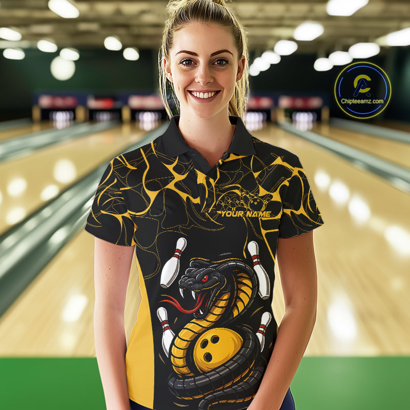 Custom Black And Yellow Cobra Snake Bowling Jerseys, Bowling Team Women Polo Shirts IPHW9038
