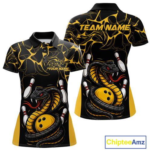 Custom Black And Yellow Cobra Snake Bowling Jerseys, Bowling Team Women Polo Shirts IPHW9038