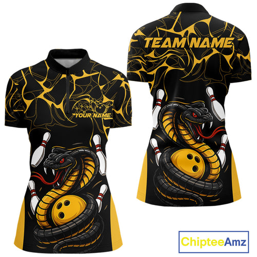 Custom Black And Yellow Cobra Snake Bowling Jerseys, Bowling Team Women Quarter-Zip Shirt IPHW9038