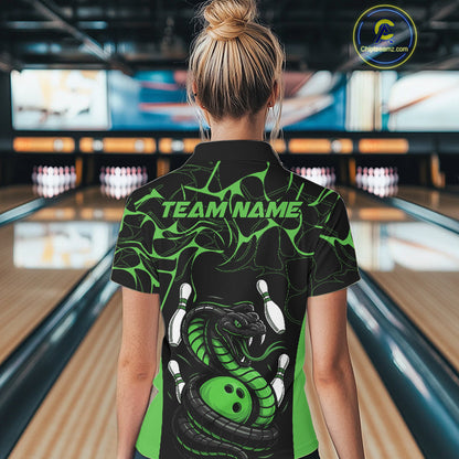 Custom Black And Green Cobra Snake Bowling Jerseys, Bowling Team Women Polo Shirts IPHW9039