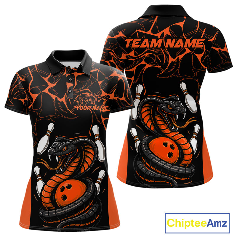 Custom Black And Orange Cobra Snake Bowling Jerseys, Bowling Team Women Polo Shirts IPHW9040