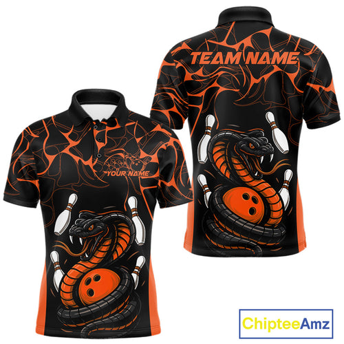 Custom Black And Orange Cobra Snake Bowling Jerseys, Bowling Team Men Polo Shirts IPHW9040