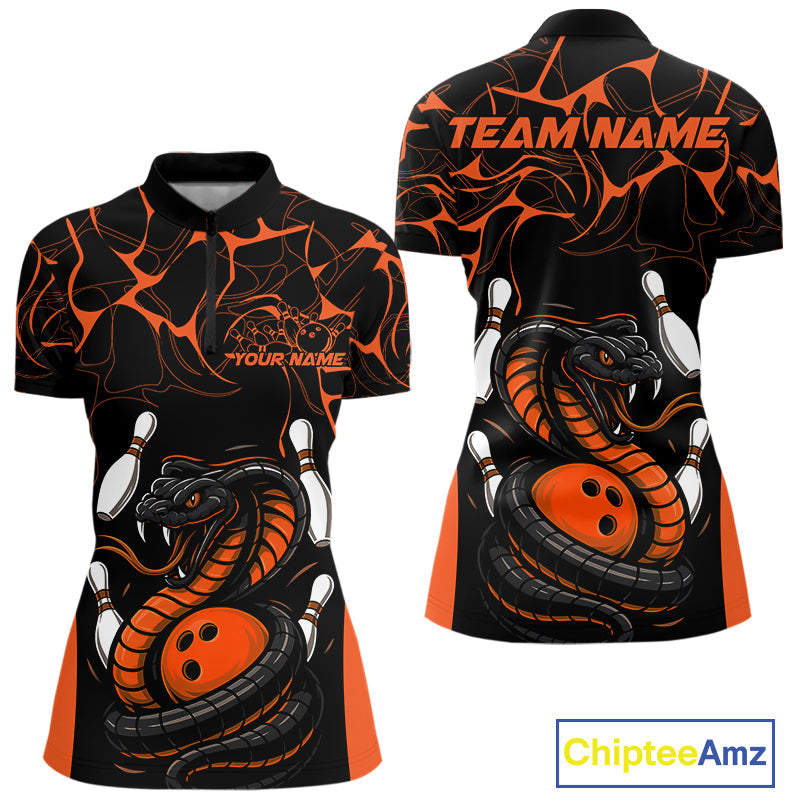 Custom Black And Orange Cobra Snake Bowling Jerseys, Bowling Team Women Quarter-Zip Shirt IPHW9040
